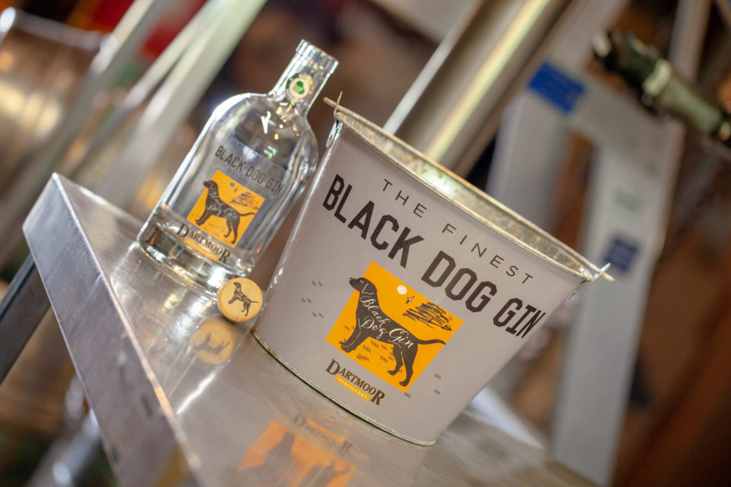Black Dog Gin bottle next to a black Dog branded bucket on a stainless steel surface
