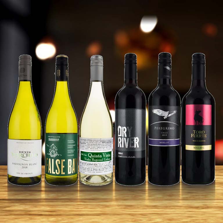 Everyday Wines on a Wooden table with dark bokeh background