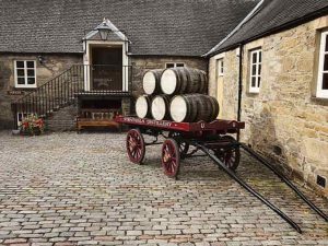Strathisla Distillery Building ext, cart with barrels