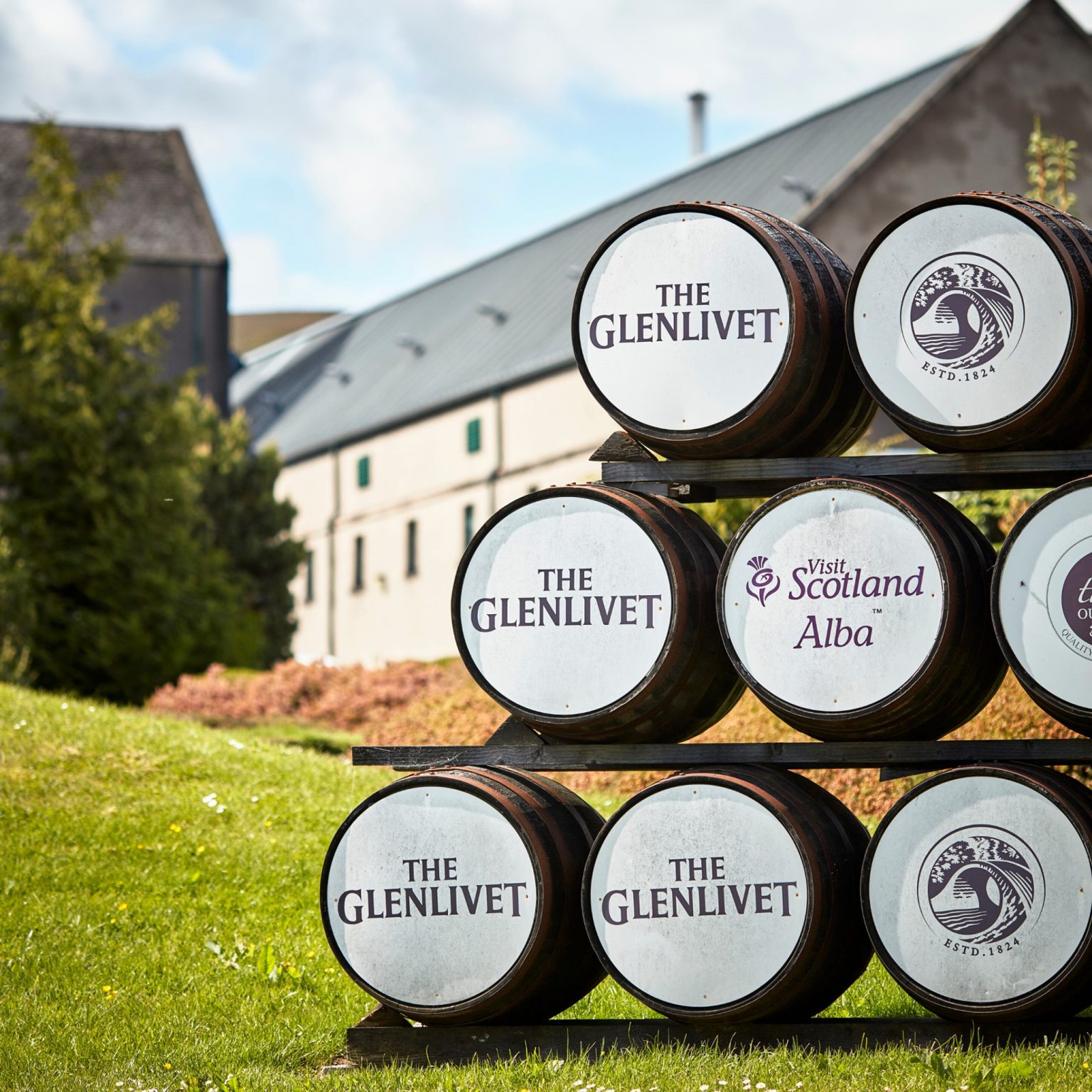 The Glenlivet Distillery grounds and stacked casks