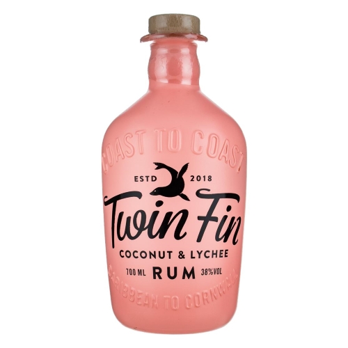 Twin Fin Coconut and Lychee Rum bottle on a white background