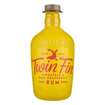 Twin Fin Pineapple and Pink Grapefruit Rum bottle on a whitebackground