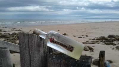 Beachcomber Gin bottle lying on top of a groyne with the Bournemouth beach in the background