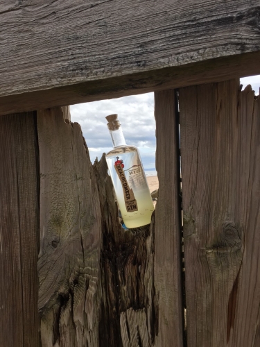 Beachcomber Gin bottle sat in a hole in broken groyne on a beach