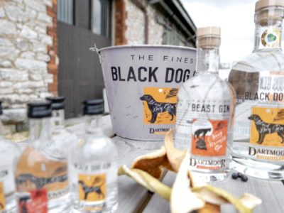 Black Dog Gin bottles on a table with a branded bucket