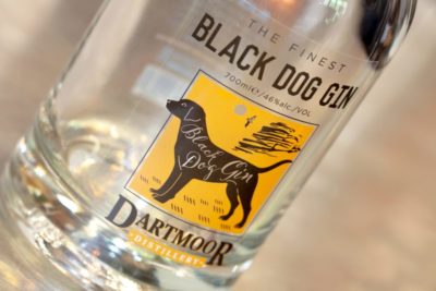 Close up of Black Dog Gin bottle