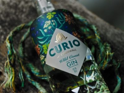 Curio Wild Coast Gin bottle lying on teal boat rope on top of a dark wooden surface