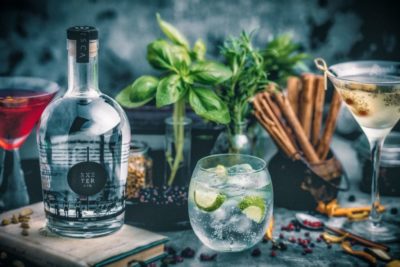 Exeter Gin bottle on a small wooden block surrounded by botanicals