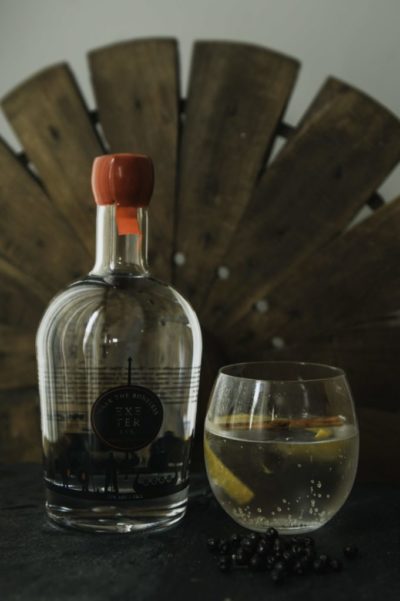 Ivaar The Boneless Gin bottle with a small drink in front of a dark wooden background