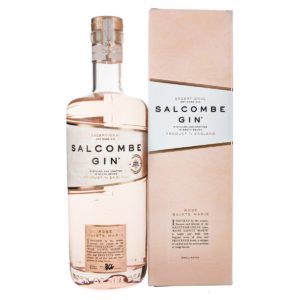 Salcombe Gin 'Rose Sainte Marie' bottle next to a gift box on a white background