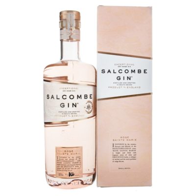 Salcombe Gin 'Rose Sainte Marie' bottle next to a gift box on a white background
