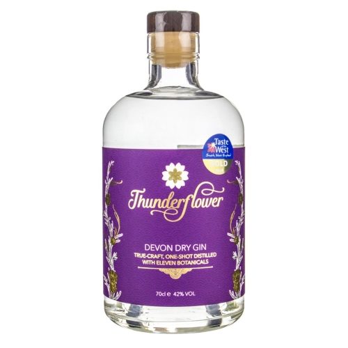 Thunderflower Gin bottle on a white backrground