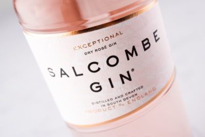 Close up of Salcombe Gin 'Rose Sainte Marie' bottle