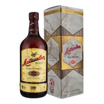 Matusalem Rum Gran Reserva 15 Year Old Rum bottle next to box on a white background