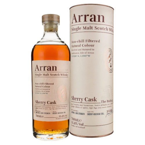 Arran Sherry Cask - The bodega bottle next to tube on white background 600x600