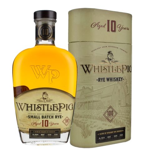 WhistlePig Rye Whiskey Small Batch bottlee next to box on a white background