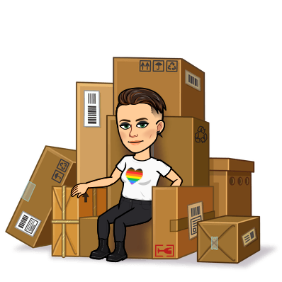 Kate Copley Bitmoji sat on delivery boxes