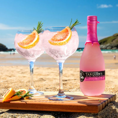 Tarquin's Pink Lemon, Grapefruit and Peppercorn gin with glasses